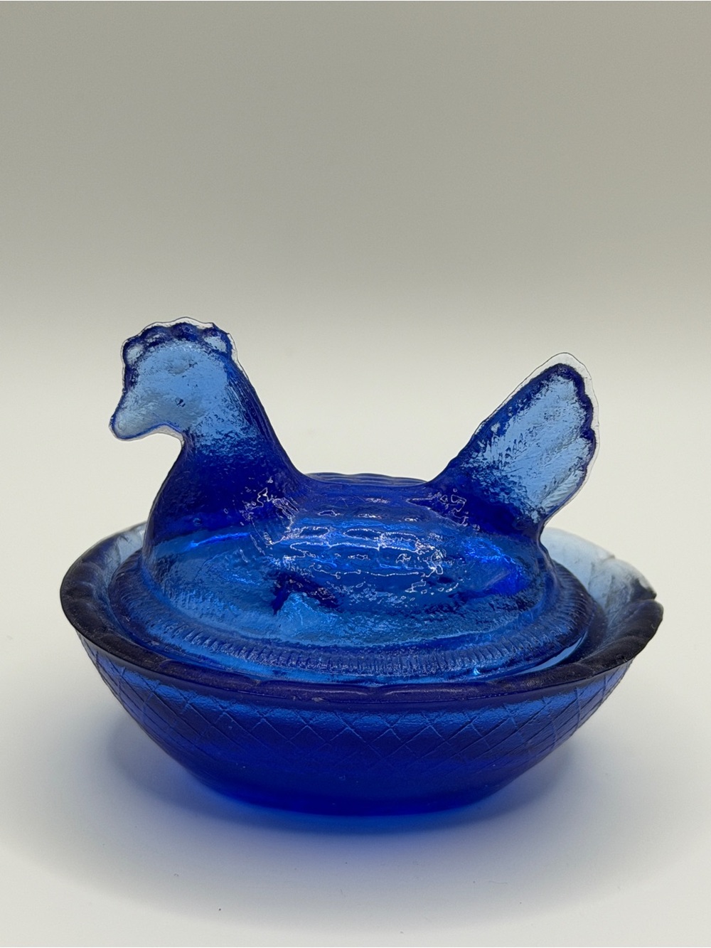 Vintage Miniature Cobalt Blue Glass Hen on Nest Salt Cellar Trinket Dish 2.5"